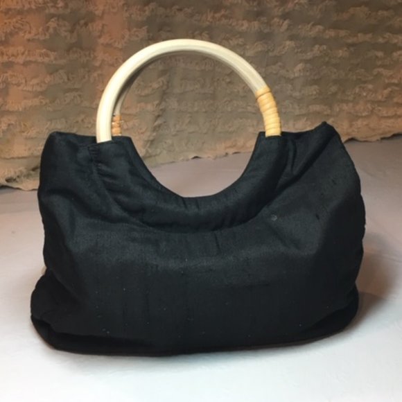LIKE NEW Silk Purse Black w/Beads, Cowrie Shells Wooden Handle Handbag 11.5"x 8" - Picture 5 of 8